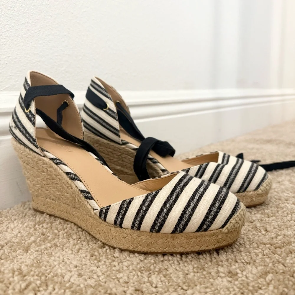 New J. Crew Size 6.5 Espadrille Wedges Ankle Wrap Black Cream Stripe Shoes
